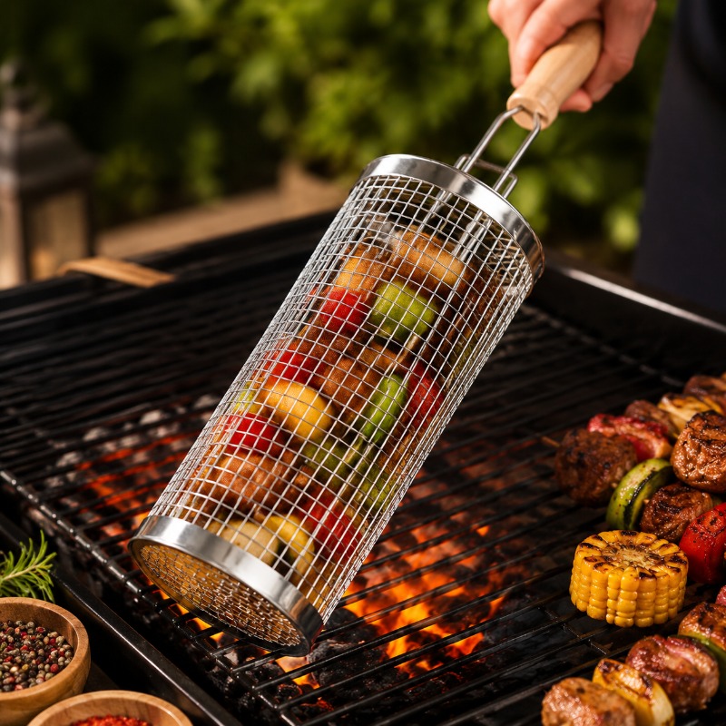 Outdoor Camping Kit - Ronde barbecue grillmandset van roestvrij staal,